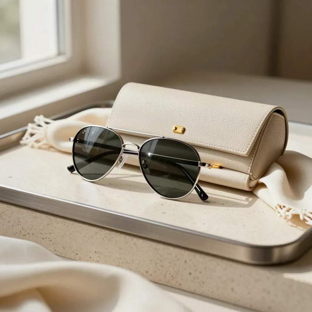Chrome aviator sunglasses with scarf and case on a travertine ledge, softly lit.