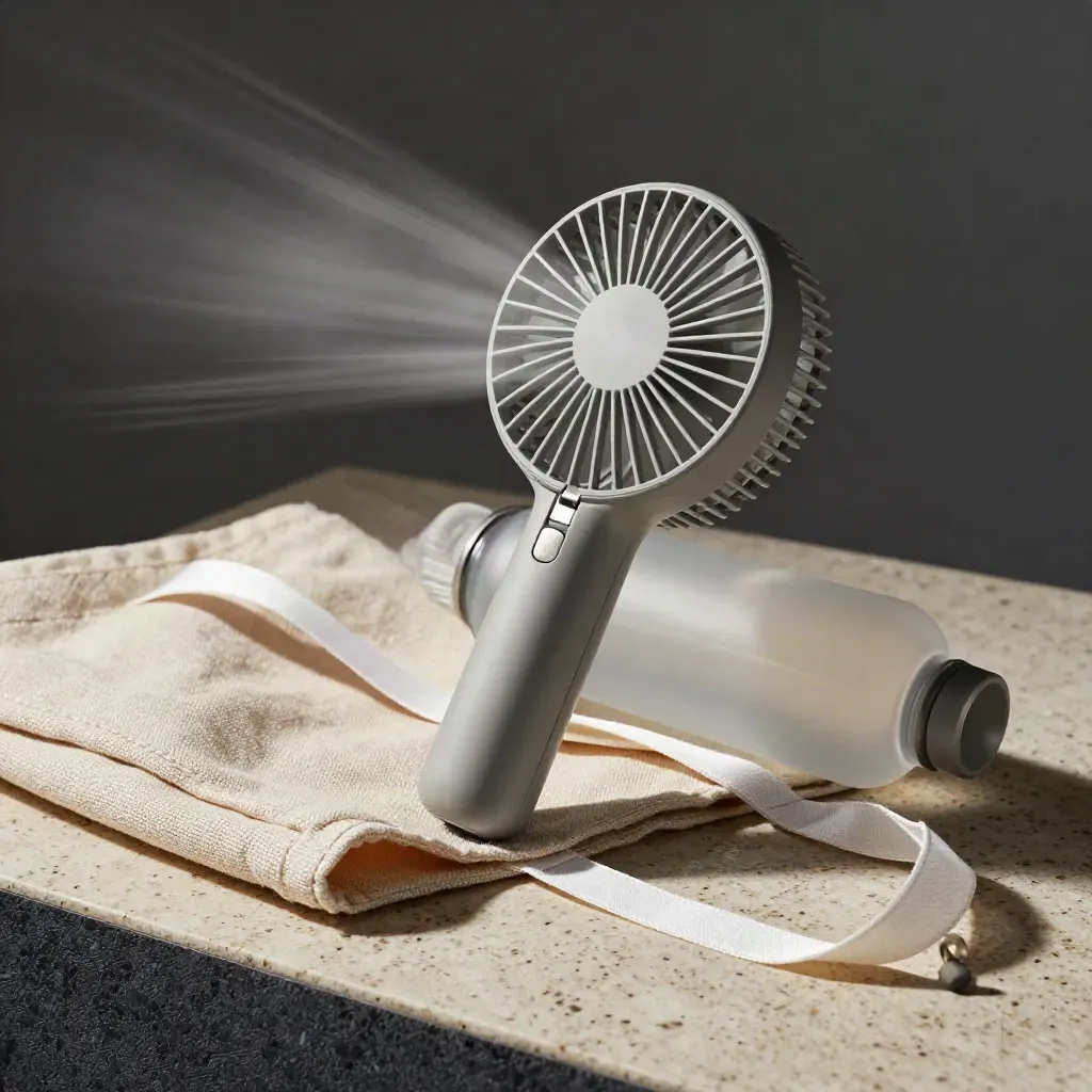 Rechargeable hand fan blowing air beside tote, bottle, and linen pouch on travertine.
