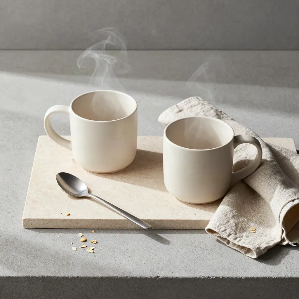 Overhead flatlay of two off-white ceramic mugs on stone tray with spoon, napkin, crumbs, and steam