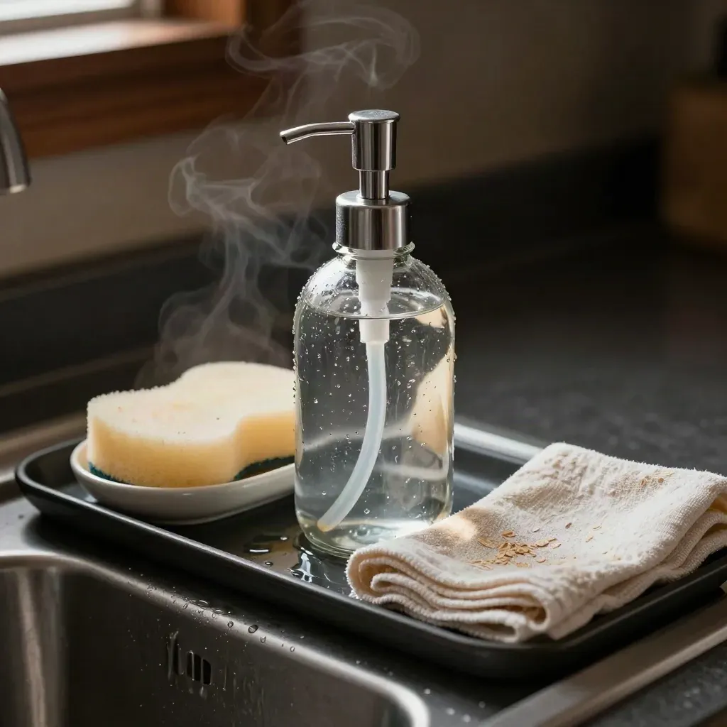 Clear glass soap dispenser with sponge and cloth on a dark sink tray, lit dramatically.