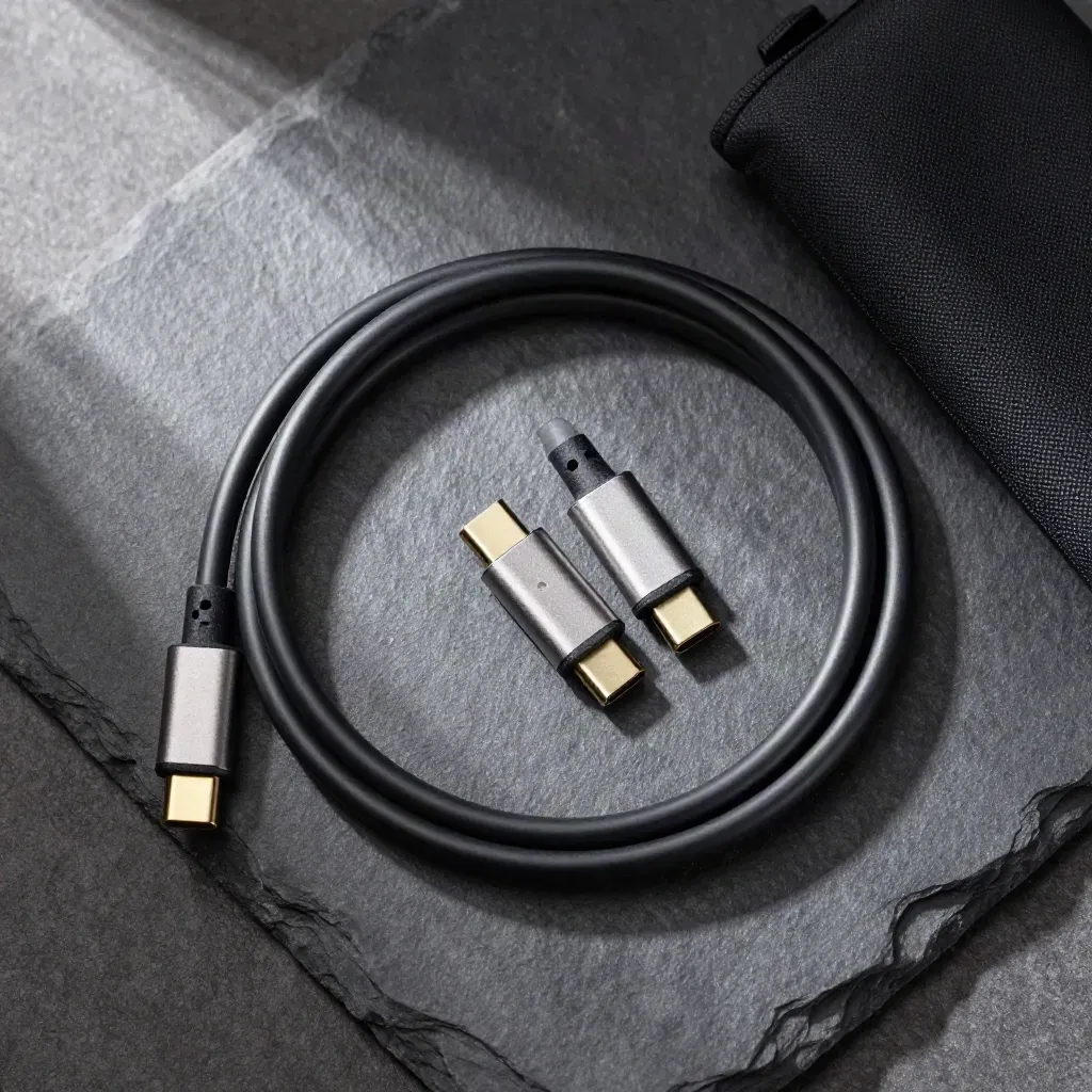 Top-down USB-C cable kit with coiled cable, adapters, and pouch on slate