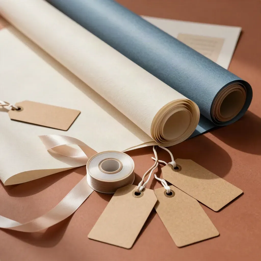 Gift wrap rolls, tissue, ribbons and tags in a festive overhead flat lay.