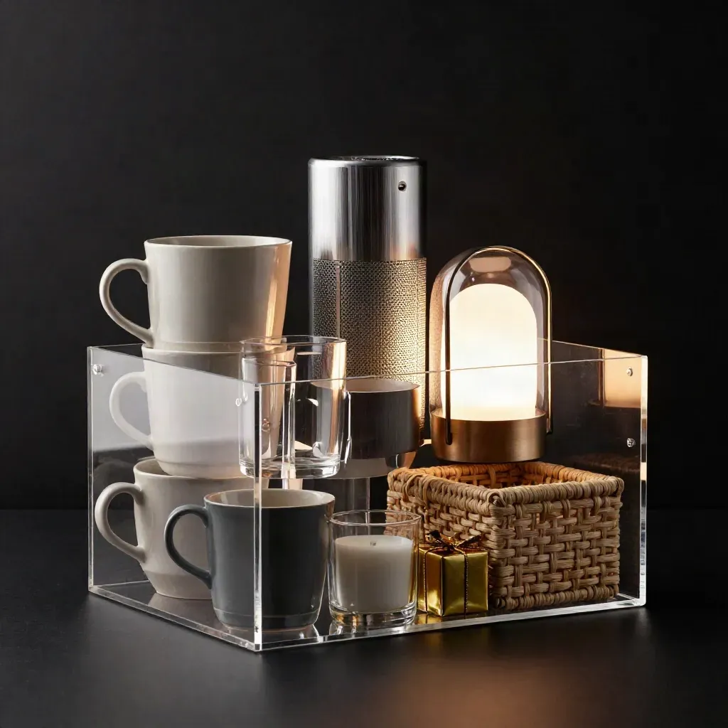 Clearance homeware, gadgets and gifts stacked in clear crates on a dark studio surface with gold glints.