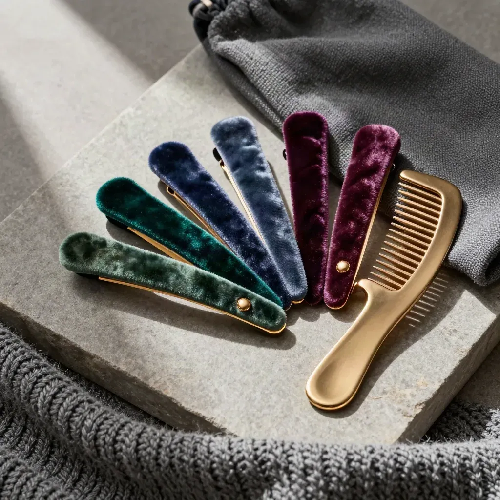 Overhead flatlay of six velvet hair clips, comb and pouch on grey knit with soft shadows.