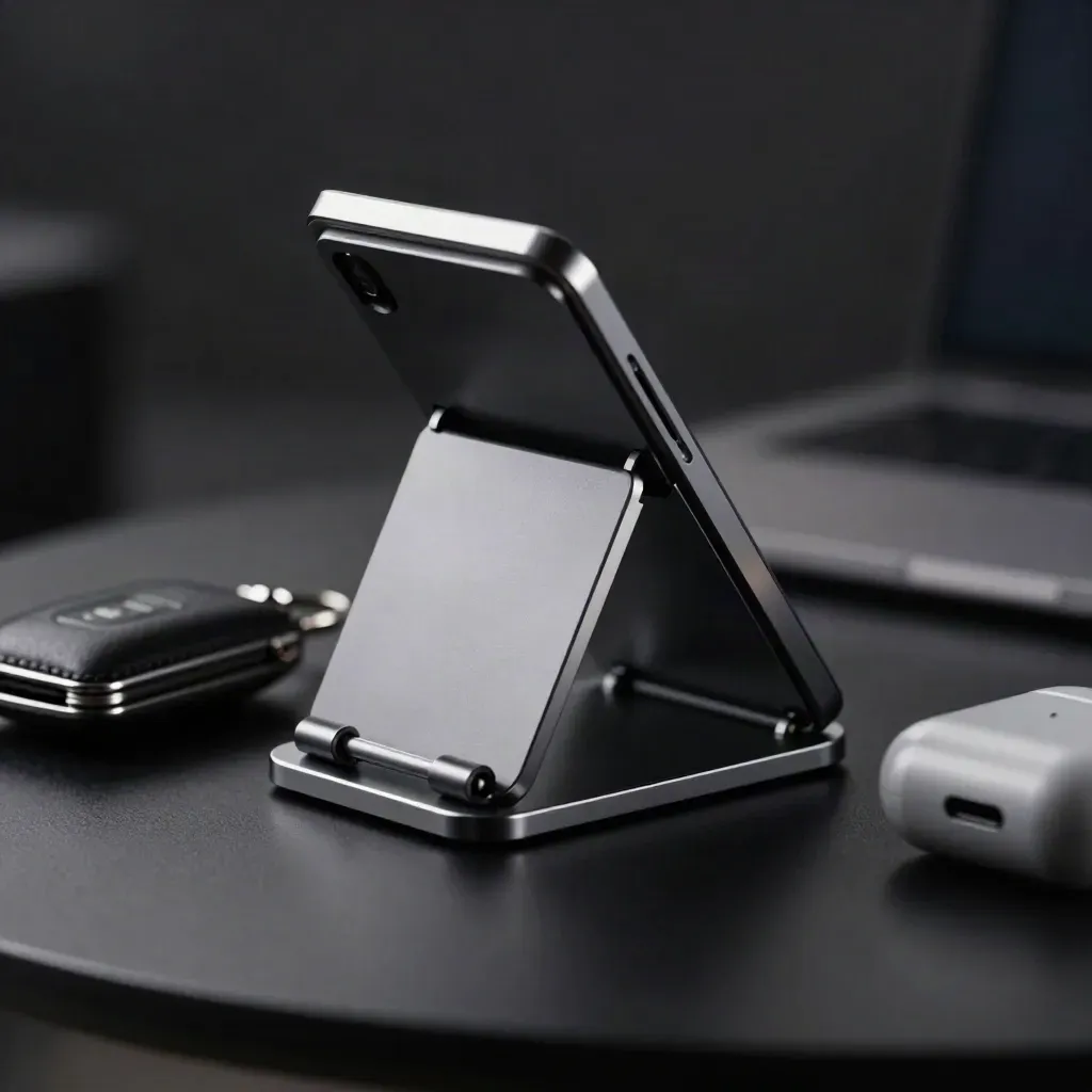 Macro of a foldable phone stand beside a key fob and earbud case on a dark surface
