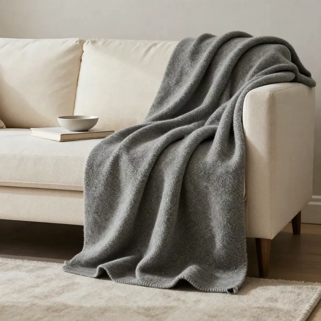 Grey throw blanket draped over a boucle sofa arm with a book and ceramic bowl.