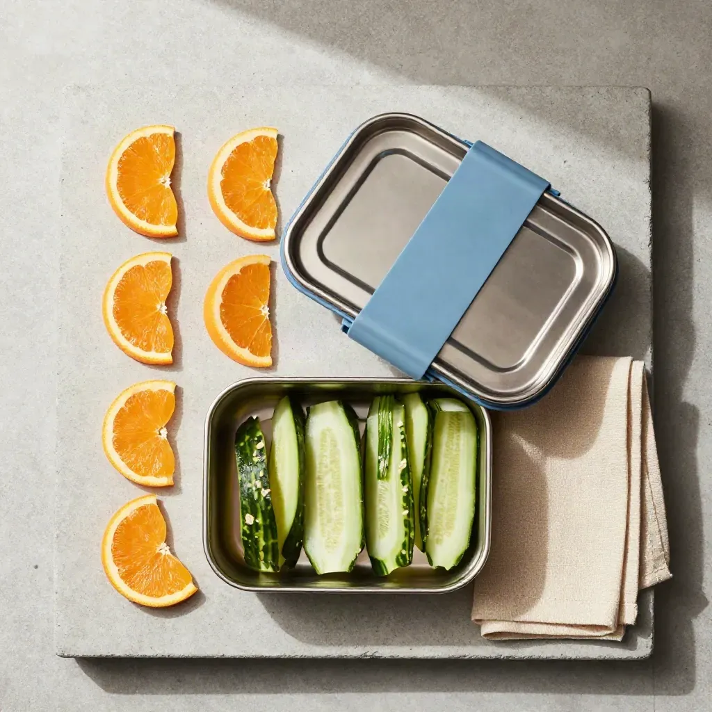 Top-down stainless lunch box with orange segments, cucumber ribbons, napkin, and soft steam.