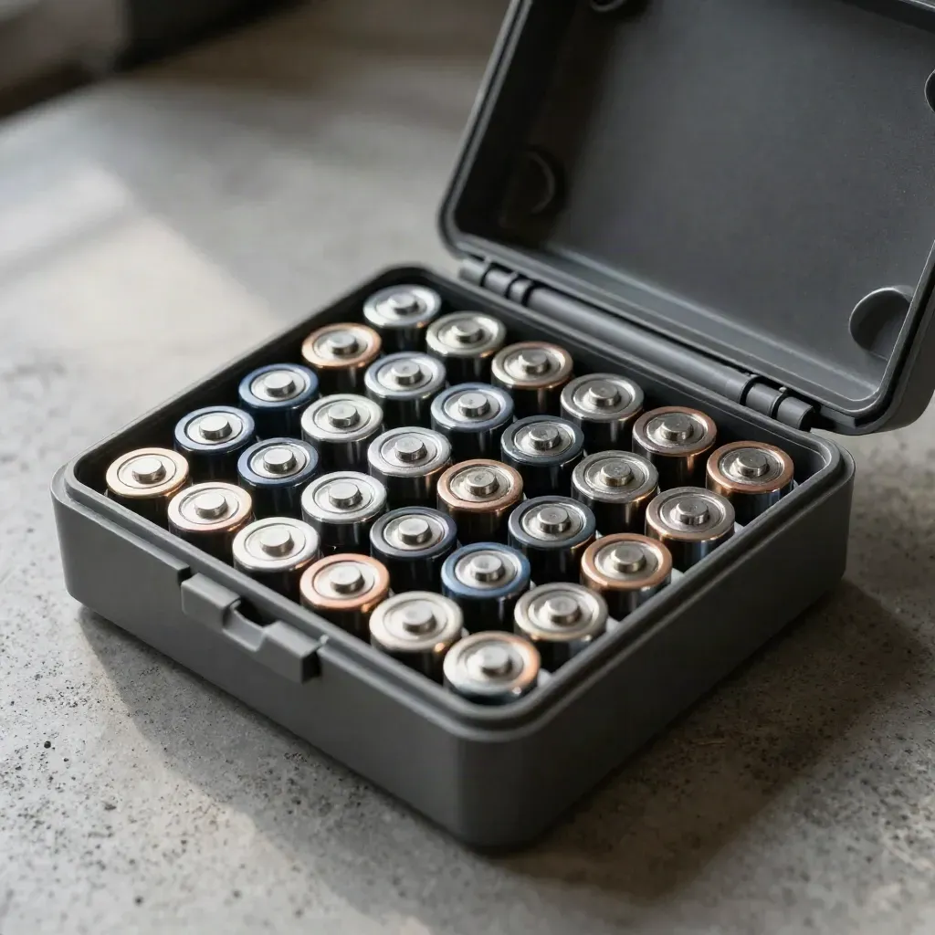 Open charcoal battery storage case with 24 cells in a grid and a small flashlight on concrete.