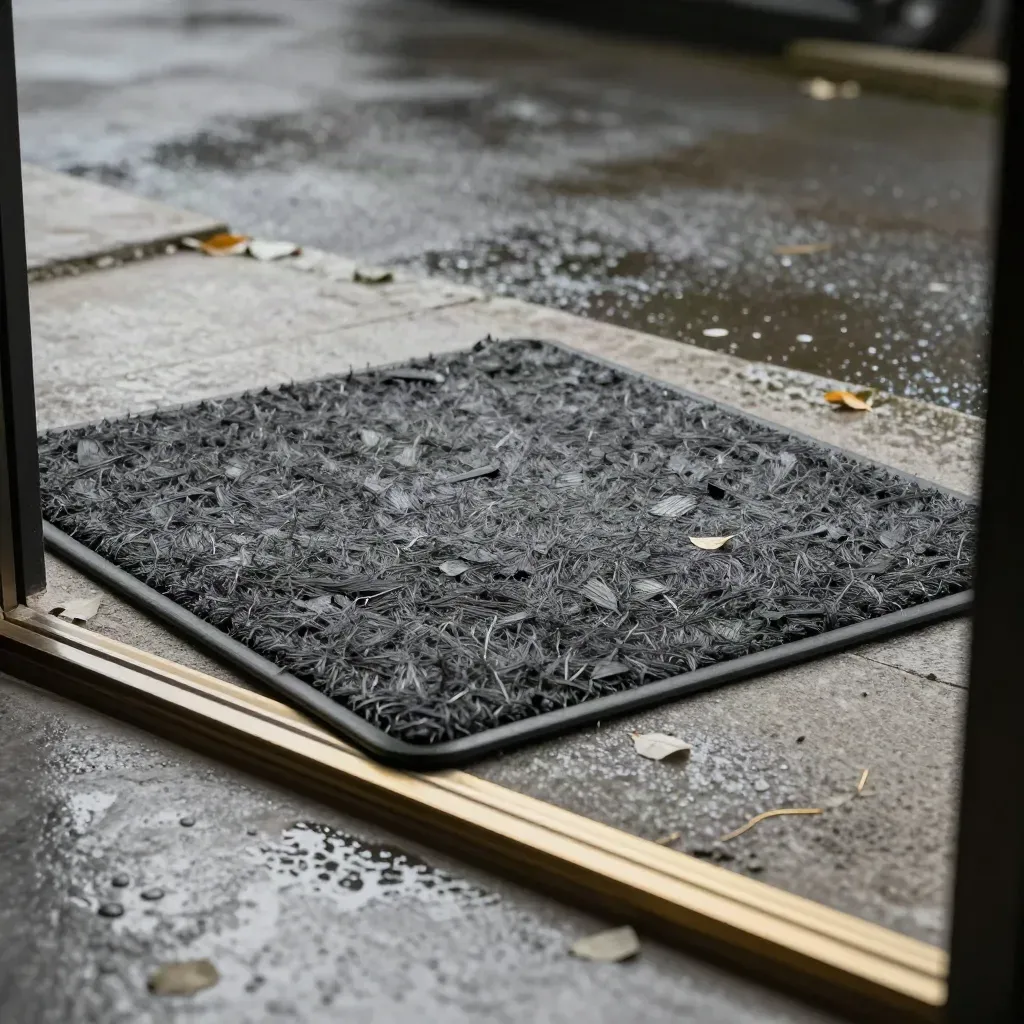Damp spring doormat at a doorway with pale leaves and wet pavement glistening beyond