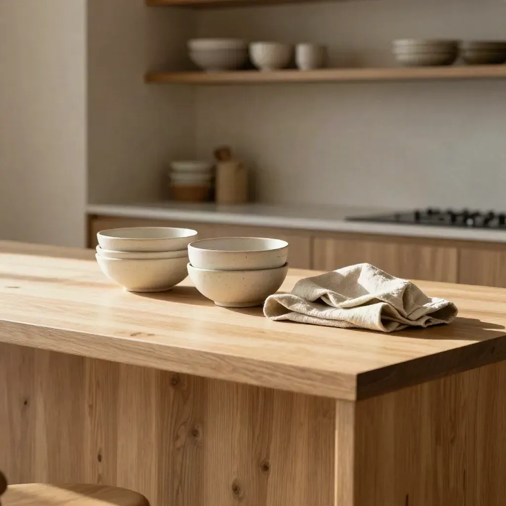 Sunlit pale oak island with ceramic bowls, folded linen, and calm copy space below.
