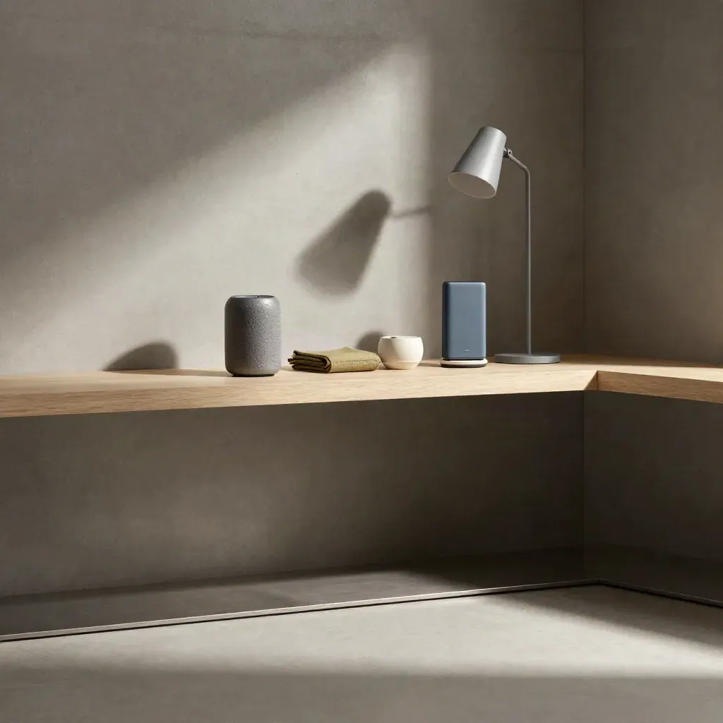 Loft corner with tech accessories on steel shelving, concrete wall, and a lamp above.