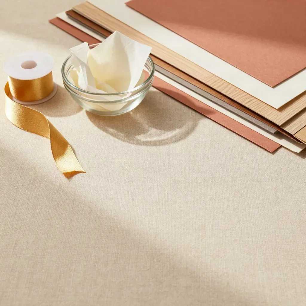 Gift wrapping materials on a linen craft table lit by warm golden light