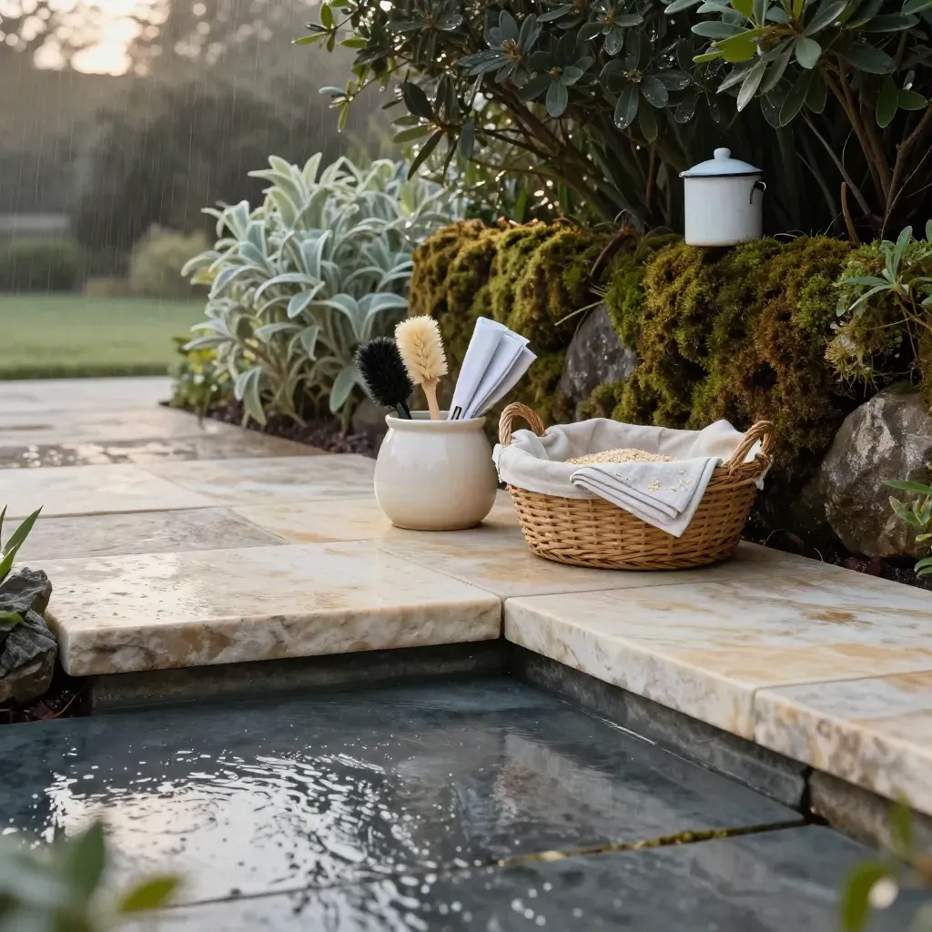 Wet garden threshold with basket, towels, and household basics on pale stone after rain.