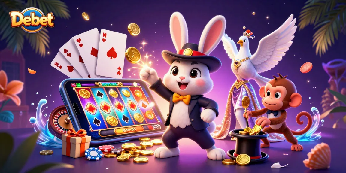 Engage with Debet in this vibrant 3D casino scene depicting magicians and treasures.