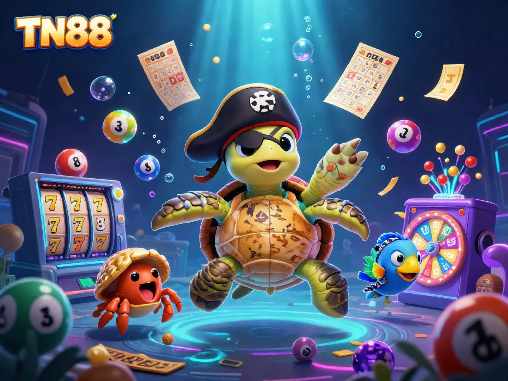 Experience thrilling wins with TN88's dynamic casino scene featuring vibrant slots and charming characters.