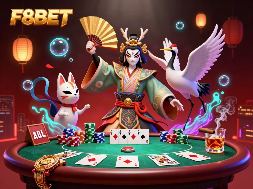 Experience thrilling gaming action with F8BET's kabuki warrior amidst poker chips and vibrant casino elements.