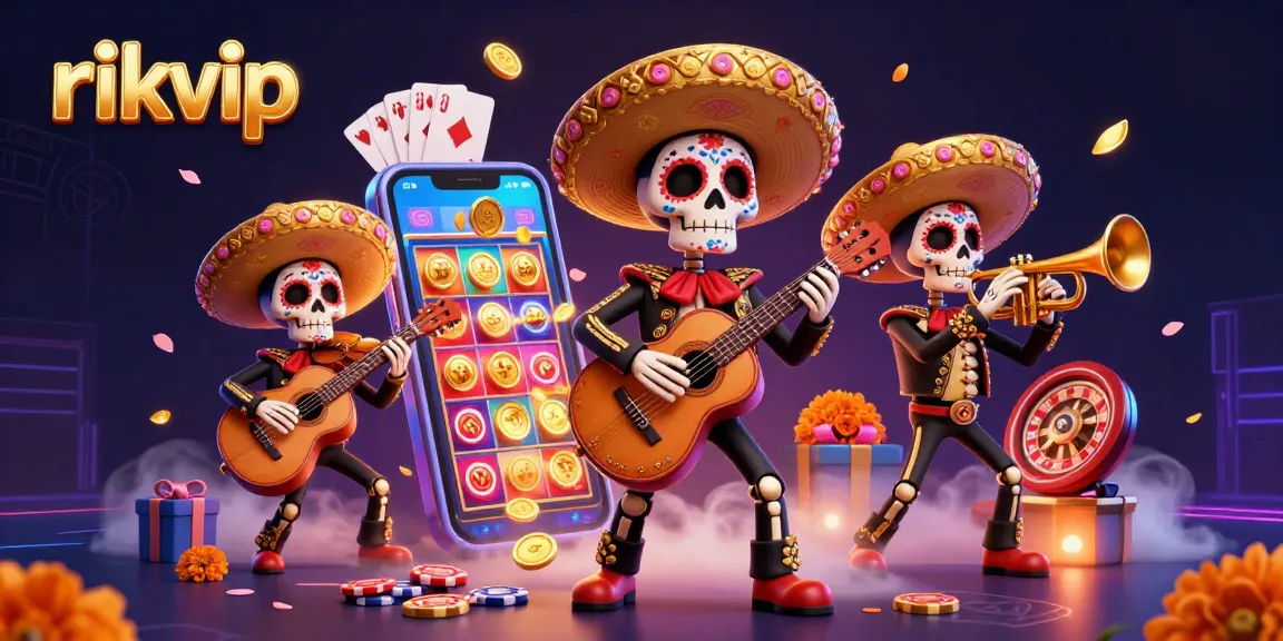Experience thrilling wins with rikvip's vibrant casino scene featuring mariachi skeletons and exciting game elements.