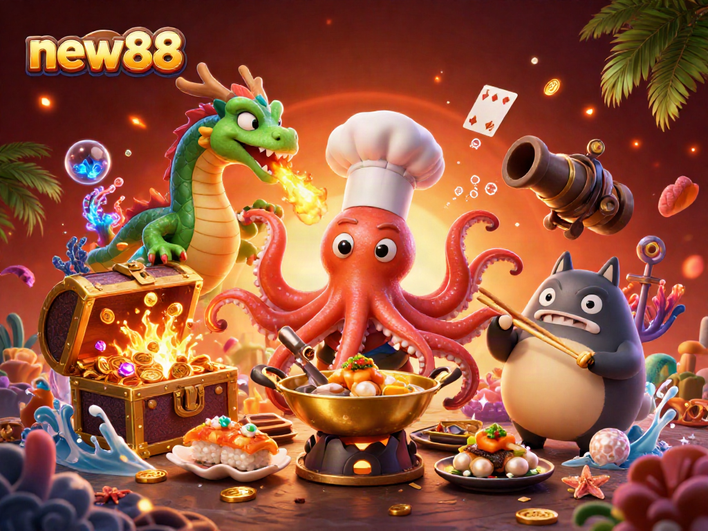 Experience fortune at new88 with a vibrant scene of a sushi chef octopus and dragon in a fantasy casino.
