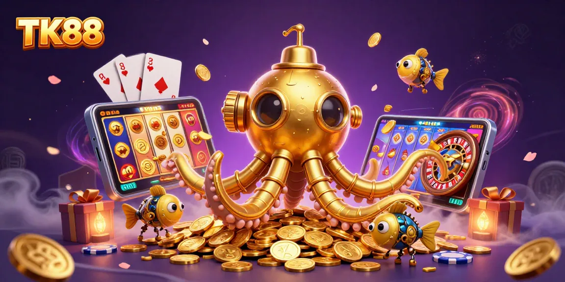 Experience thrilling wins at TK88's casino with a captivating golden kraken and vibrant gaming elements.