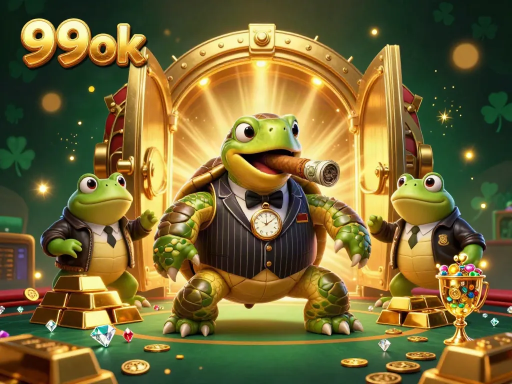 Experience the thrill of 99ok casino with a vibrant turtle and bullfrog scene, illuminated by treasures.