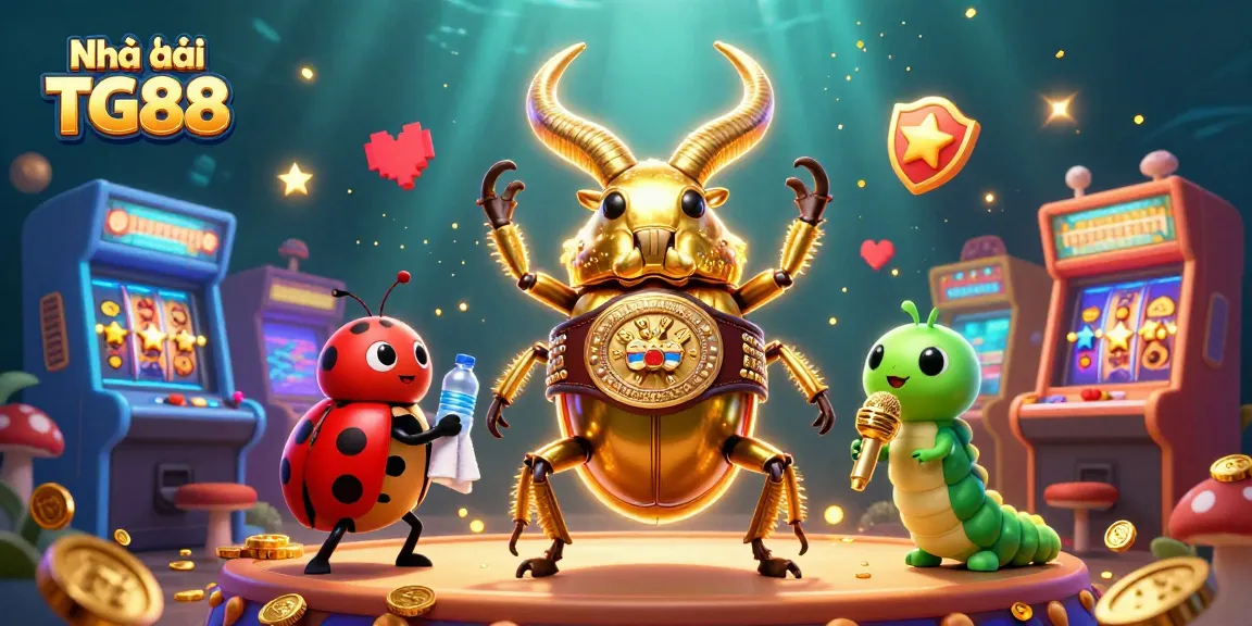 Engage with the fun of Nhà cái TG88 as a 3D cartoon scene depicts gaming excitement with slot reels and animated characters.