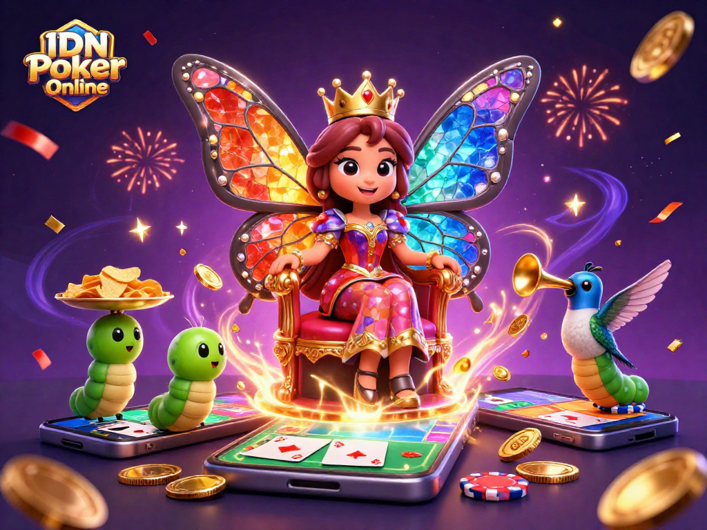 Play poker and win big with IDN Poker Online's vibrant gaming illustration featuring exciting elements.