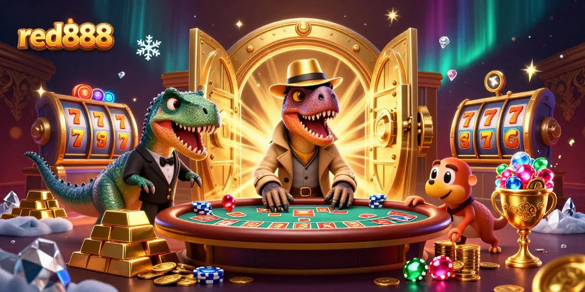 red888 showcases a cartoon velociraptor card counter at a lively blackjack scene amid exploding treasure.