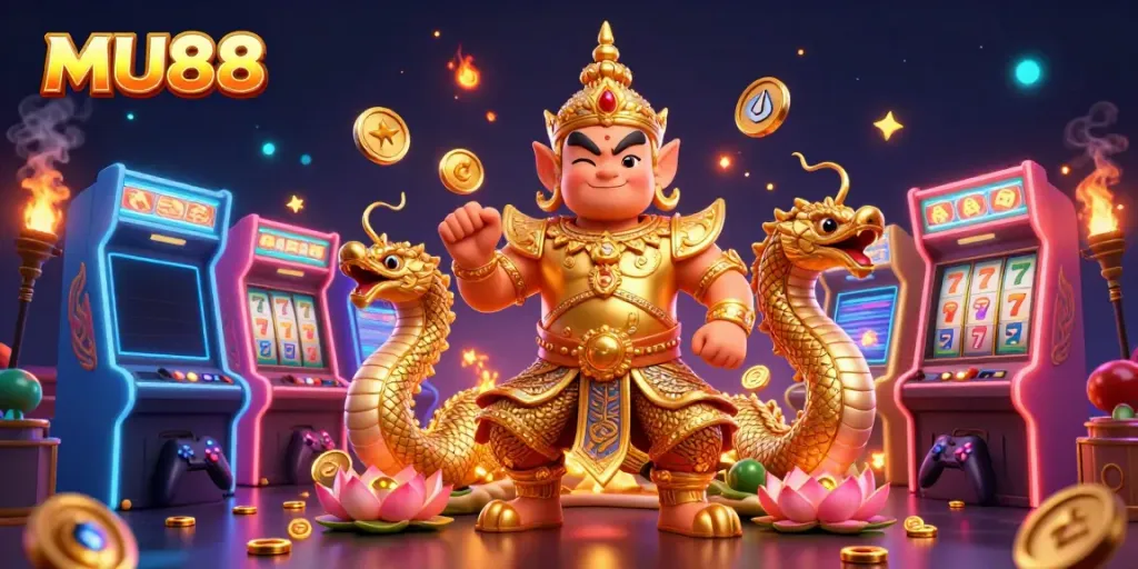Experience the vibrant casino atmosphere of MU88 with 3D illustrations of guardians, Naga, and gaming machines.