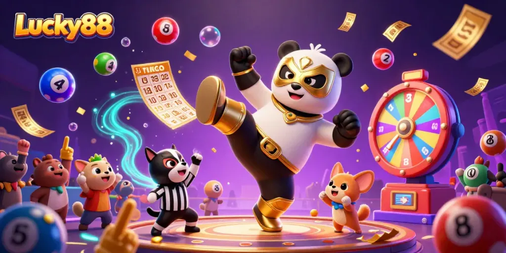 Engage with Lucky88 in a dynamic casino scene featuring colorful lottery elements and animated spectators.