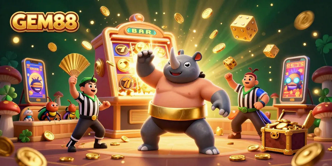 GEM88 players experience excitement with a vibrant casino scene featuring lively characters and jackpot elements.