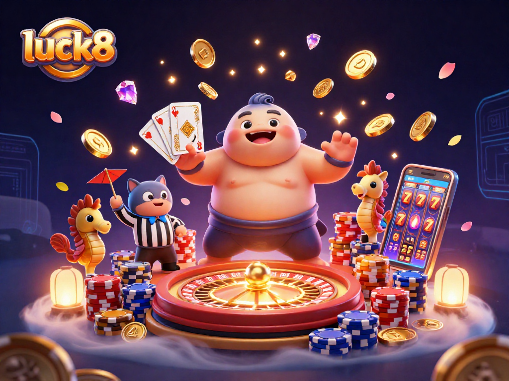 Experience excitement at luck8 with lively scenes of a blowfish, catfish referee, and festive seahorse spectators.