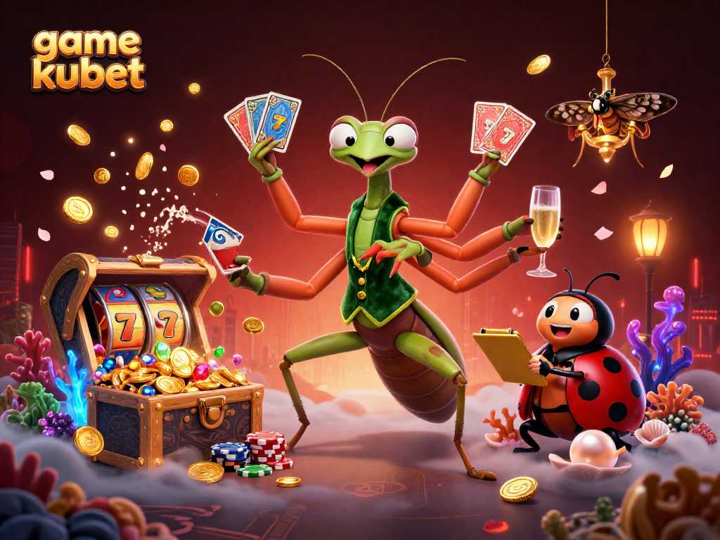 Engage with game kubet featuring a mantis dealer and ladybug pit boss in a vibrant casino scene.