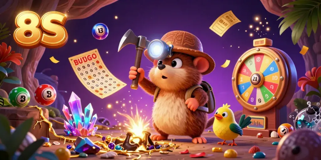 Engage with 8S in an exciting lottery scene featuring a treasure-hunting mole and vibrant elements.