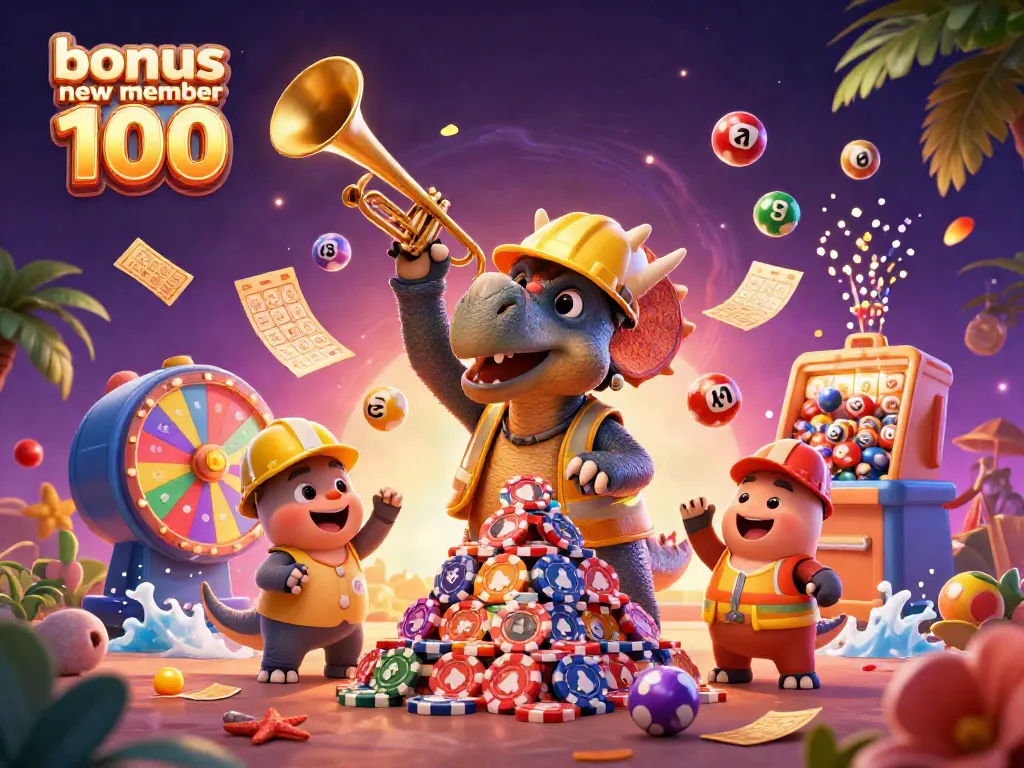 Experience the excitement of bonus new member 100 with a festive gambling illustration featuring fun characters and vibrant casino elements.