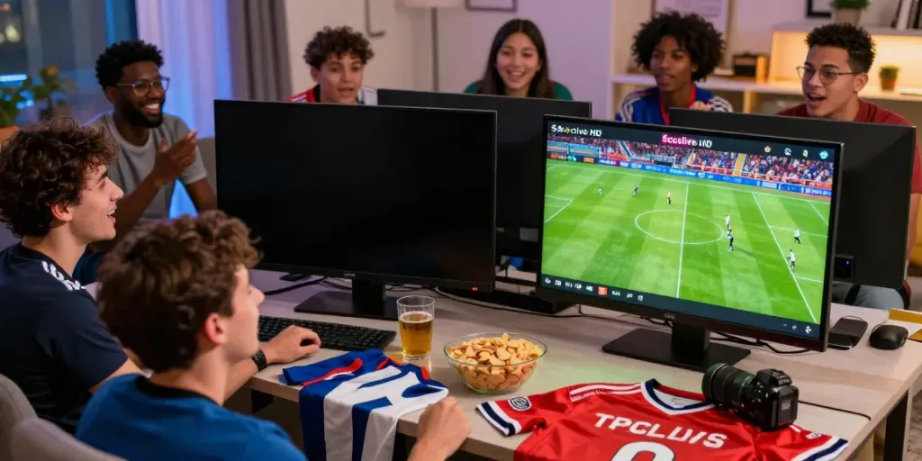 Fans enjoying a live football match on Socolive with excitement and snacks in an urban setting.