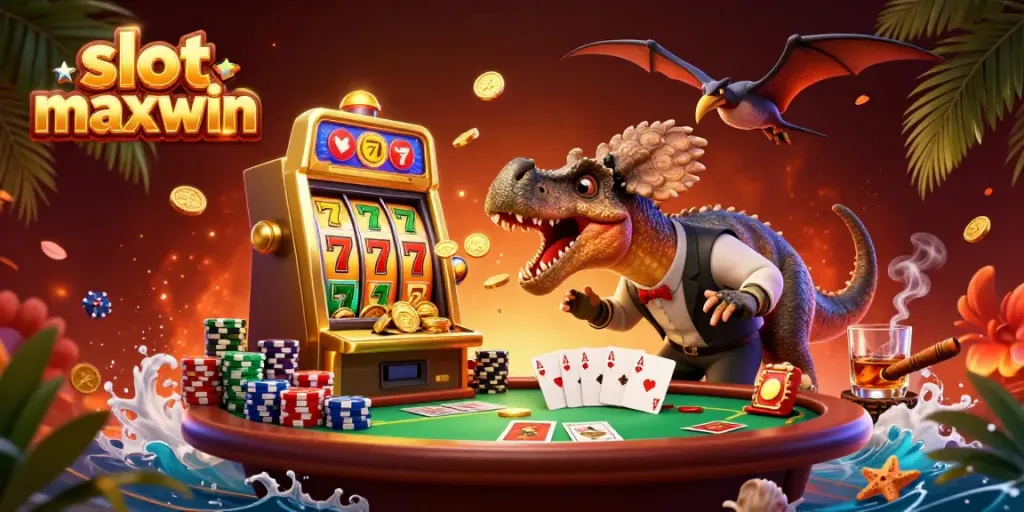 Experience slot maxwin action as a dinosaur interacts with a golden slot machine and coins fly