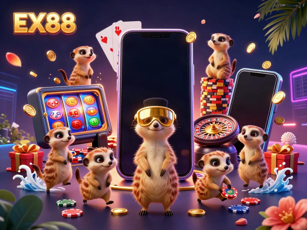 Engage with EX88's vibrant casino environment featuring meerkats in action.
