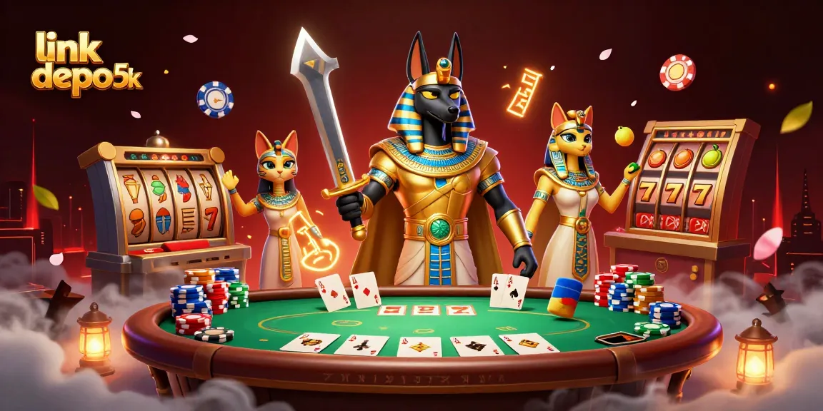 Engage in thrilling action with link depo 5k showcasing Anubis and Bastet in a vibrant casino scene.