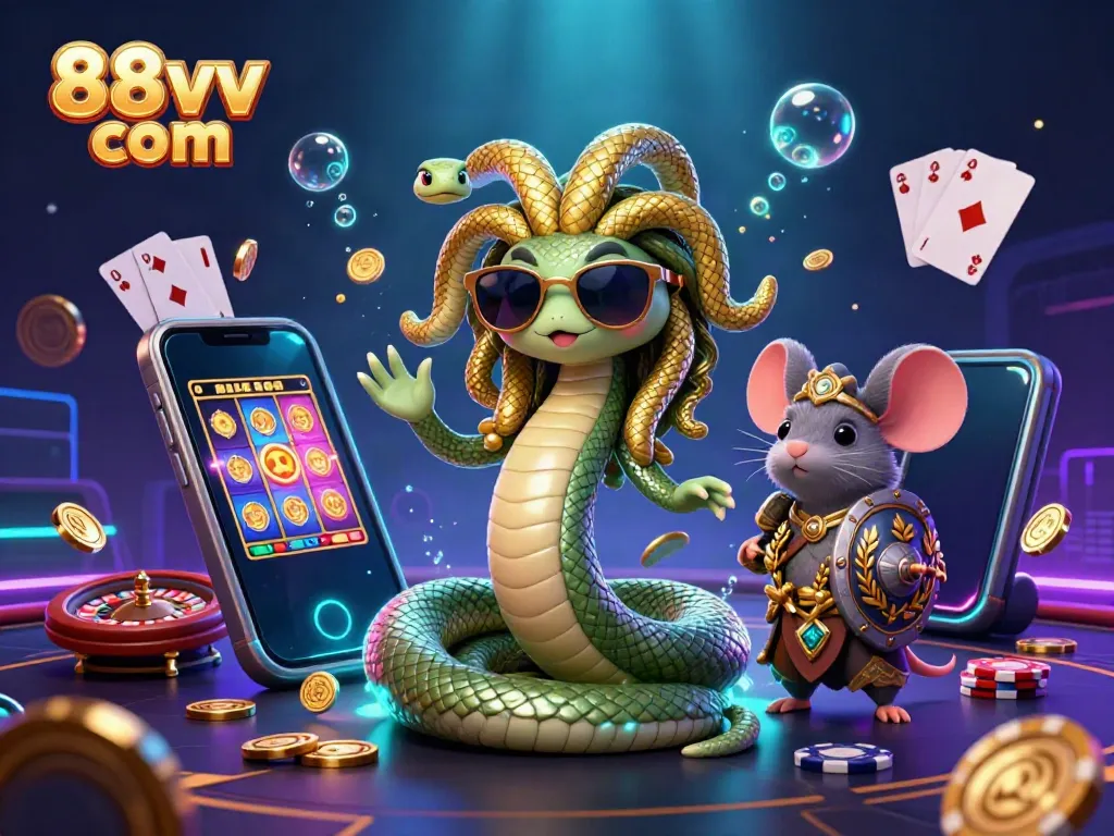 Spin and win at 88vv com with a vibrant 3D illustration showcasing Medusa and a warrior mouse in an exciting casino setting.