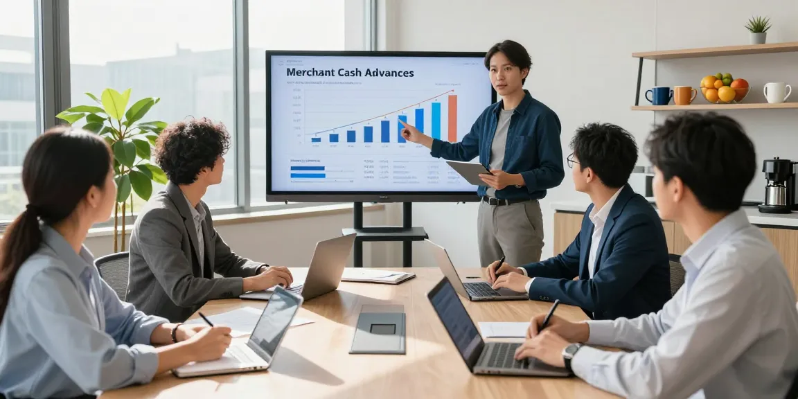 Team discussing how does merchant cash advance work in a bright office setting, collaborating on financial strategies.