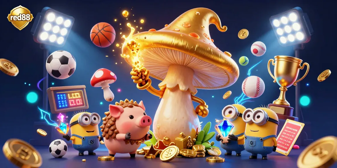 Engage with red88 in this vibrant 3D illustration featuring a golden wizard and dynamic sports action.