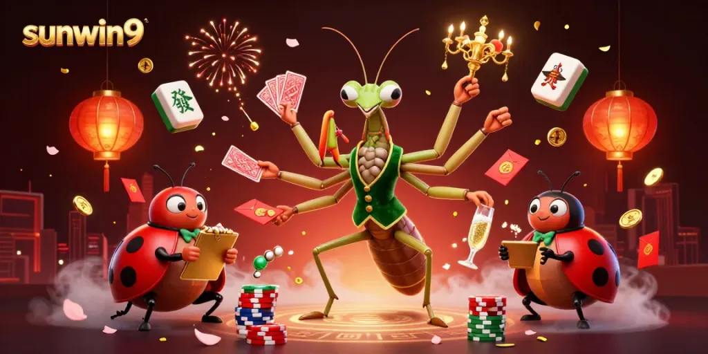 Experience the vibrant action of sunwin9 with a cartoon praying mantis card sharp and ladybug pit boss in a lively casino.