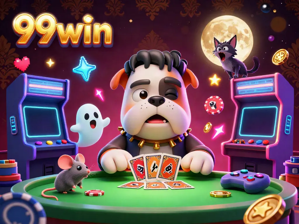 Experience thrilling card dealing at 99win's spooky table with a Frankenstein bulldog and exciting game elements.