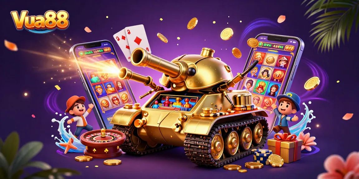 Join the excitement of Vua88's casino world with a vibrant 3D illustration of a golden tank casino!