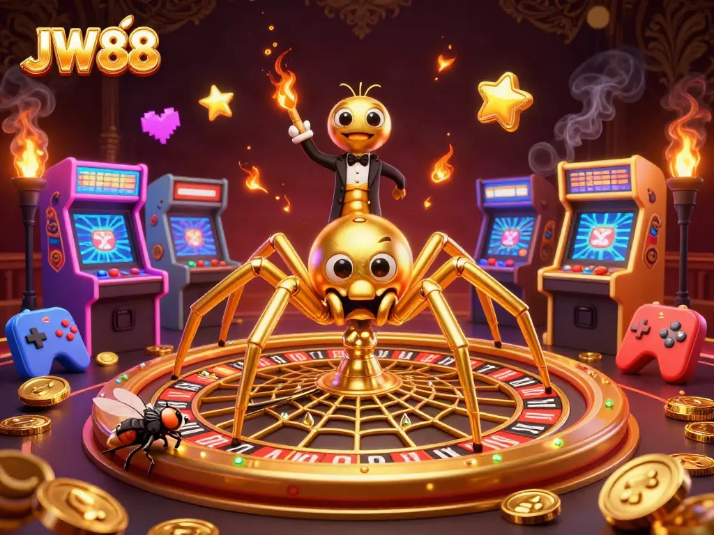 Experience live gaming with JW88 as a golden spider spins a roulette wheel web.