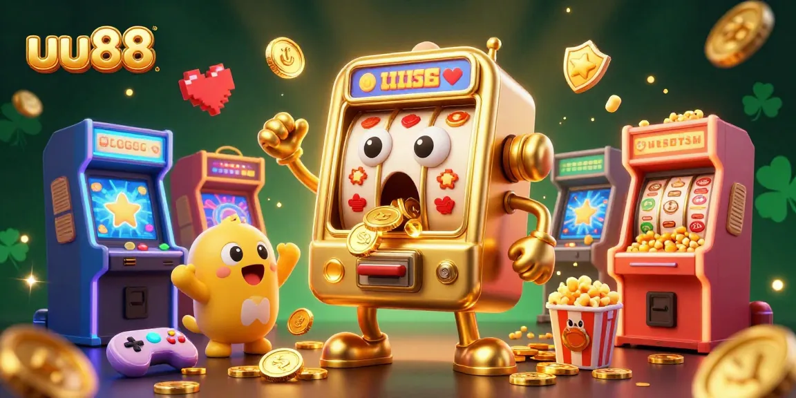 uu88 celebrates with a golden slot machine jackpot, surrounded by cheering slots and game elements.