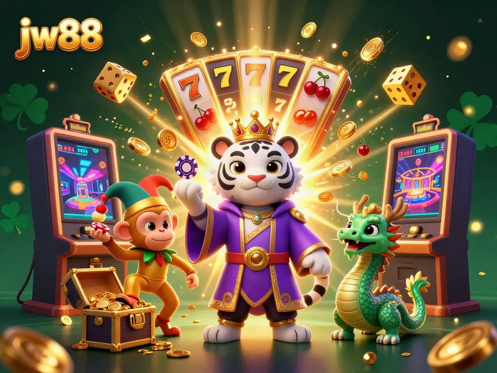 Experience jackpot excitement at jw88 with a whimsical 3D scene of a tiger, monkey, and jade dragon.