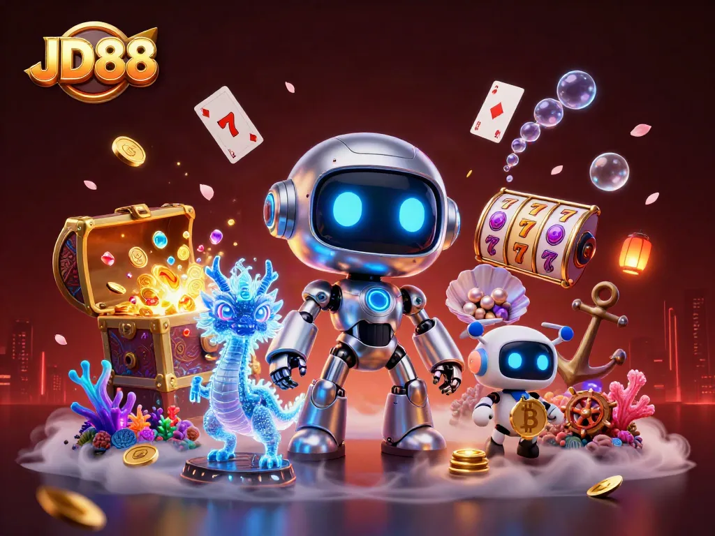 Experience the excitement of JD88 with vibrant slot reels and 3D characters in a dynamic casino scene.