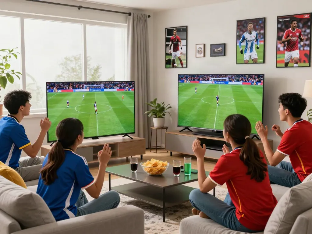 Friends enjoying a football match on Thapcamtv in a cozy living room setting.