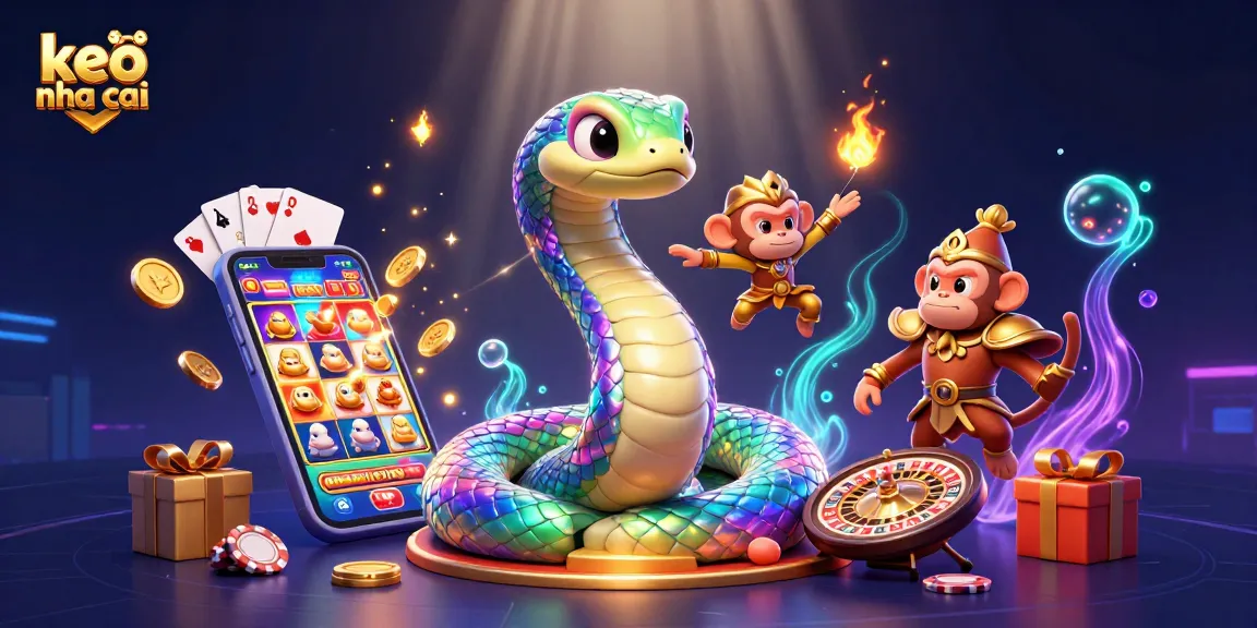 Engage with keo nha cai in a vibrant illustration featuring a rainbow serpent and monkey king amidst explosive casino elements.